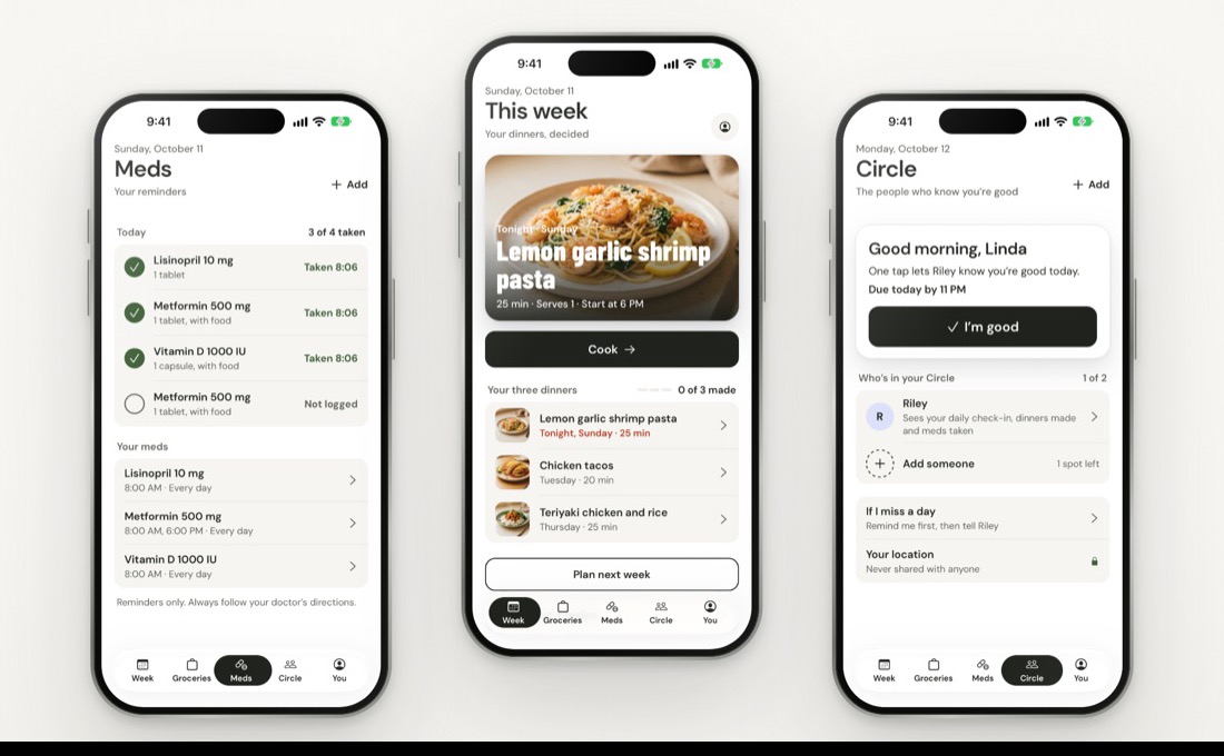 3Onions 2.0 app screens: Meds, This week, Circle
